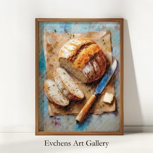 Rustic Bread Oil Painting, Bread Wall Art, Kitchen Art Print
