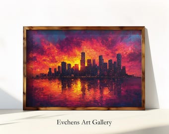 Sunset skyline, cityscape wall art, digital city painting, sunset city, modern wall art, art print, digital art print