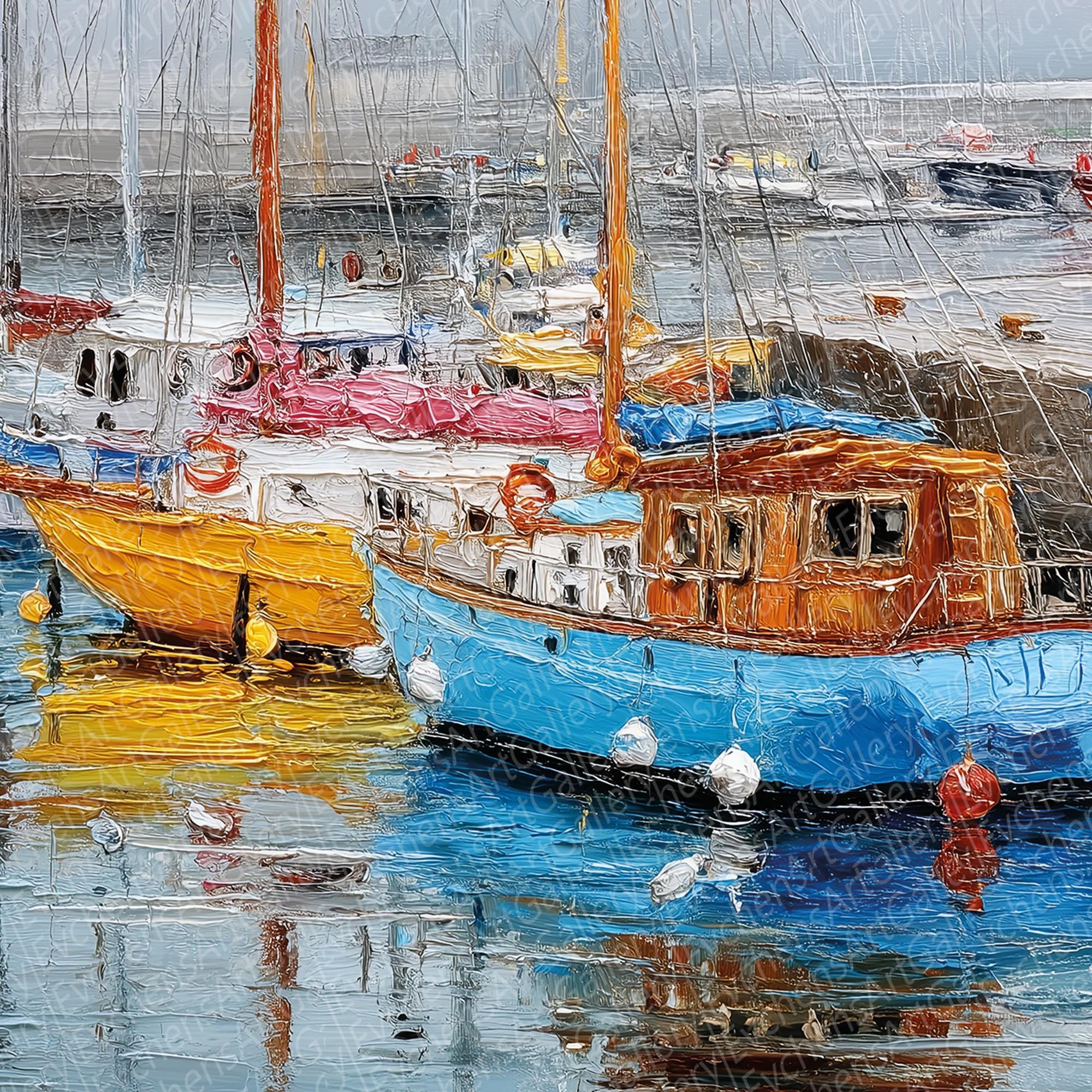 W. Chan 油彩画 船と港の風景 港の船の油絵 – 海事壁画 – 港の絵 – 海岸風景画 – 船の壁画 #127