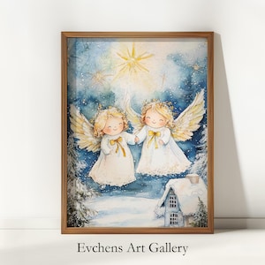 天使のウォールアート、クリスマスの天使の水彩画、デジタルウォールアート、ポスタープリント #208
