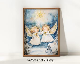 Angel Wall Art, Christmas Angels Watercolor, Digital Art, Poster Print