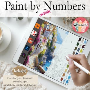 May include: A digital paint by numbers app on a tablet with a stylus. The app shows a colourful image of a seaside town with buildings and water. The image is divided into numbered sections for colouring. The text "Paint by Numbers" and "Advanced" are visible on the screen.