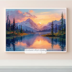 Può includere: Un dipinto che rappresenta una scena di lago di montagna con un tramonto sulle montagne. Il lago riflette il cielo e le montagne. Ci sono alberi sulla riva del lago. Il dipinto è firmato "Evchens Art Gallery".