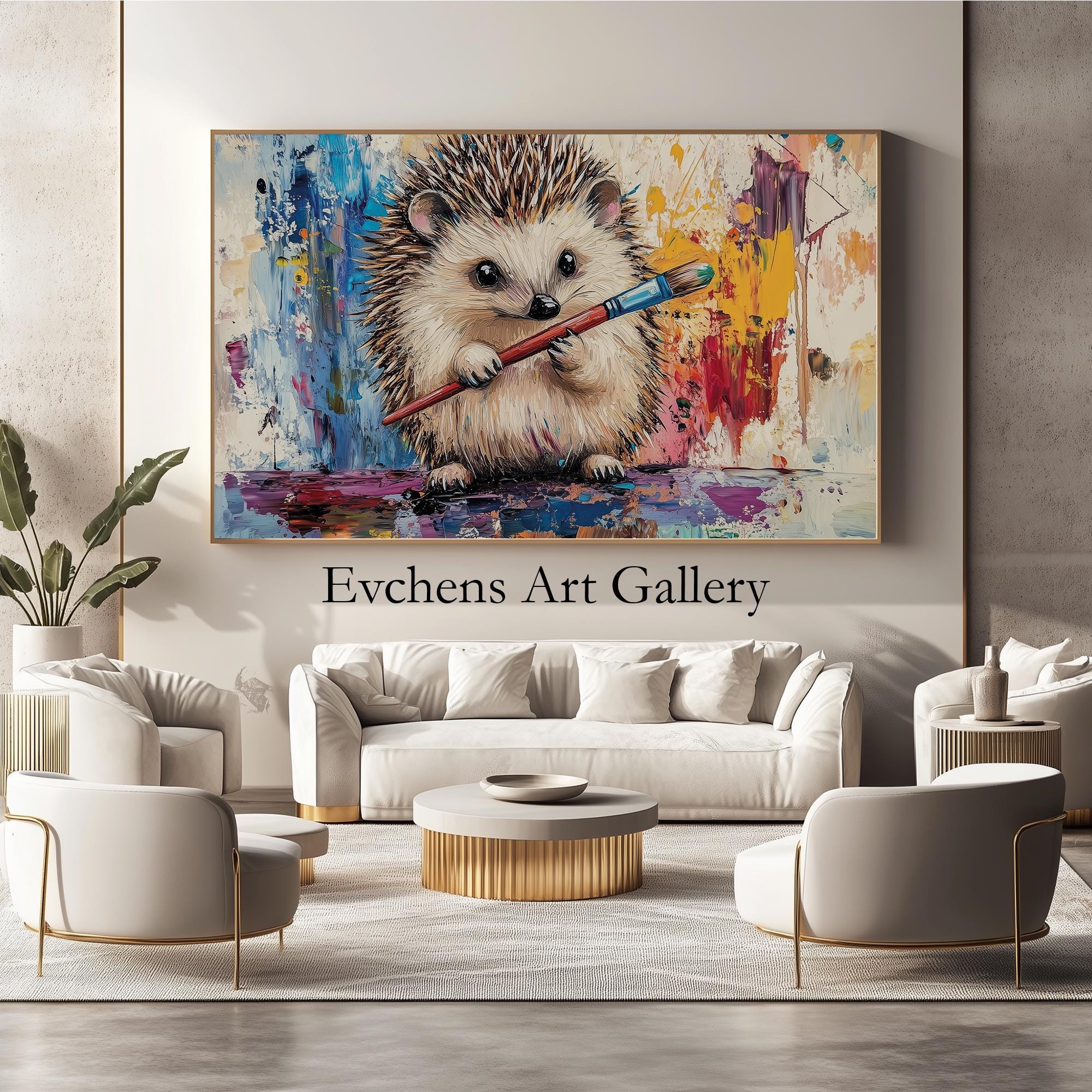 ハリネズミの壁アート油絵ブラシとカラフルな背景を持つ動物の肖像画