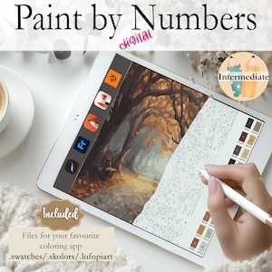 May include: Digital paint by numbers image on a tablet screen. The image is of a forest scene with trees and a path. The tablet is on a white surface with a cup of coffee and a knitted blanket.