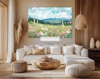 Nature Wall Art - Digital Painting of a Mountain Meadow with Vibrant Wildflowers - Landscape Art - Contemporary Nature Wall Art