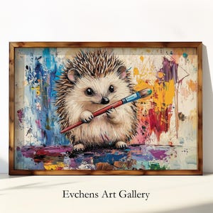 Hedgehog Wall Art Oil Painting Animal Portrait with Brush and Colorful Background