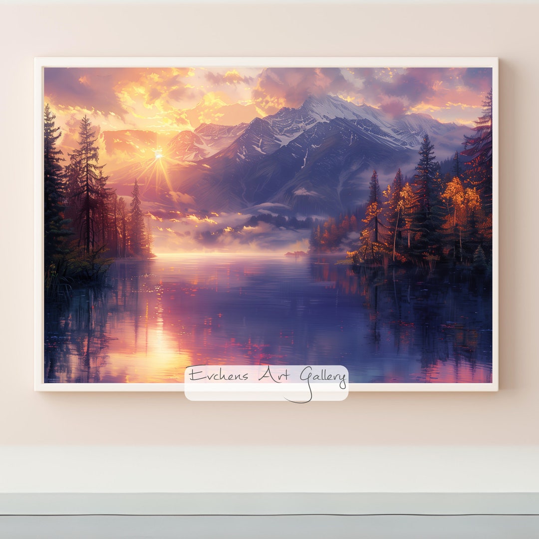 Sunset Over Mountain Lake Wall Art, Nature Art, Landscape Painting ...
