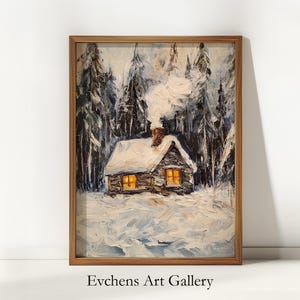 Winter Landscape Oil Painting, Snowy Cabin Wall Art, Rustic Winter Scene, Cozy Snowy Nature Painting