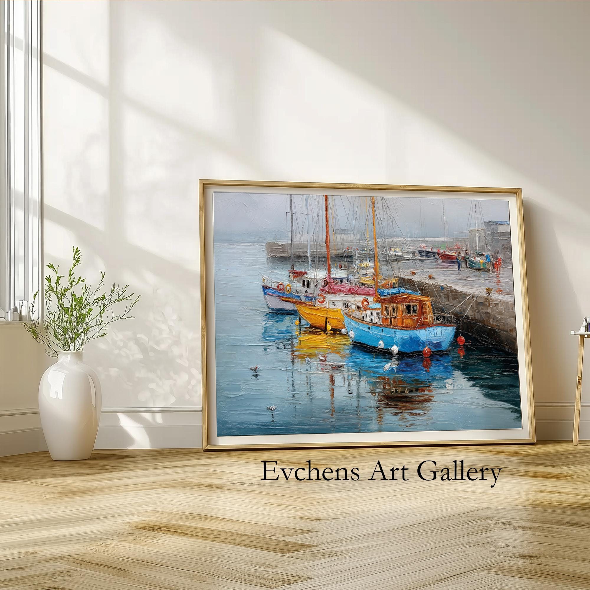 W. Chan 油彩画 船と港の風景 港の船の油絵 – 海事壁画 – 港の絵 – 海岸風景画 – 船の壁画 #127