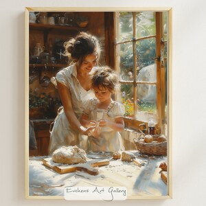 May include: A mother and daughter are in a kitchen, baking together. The woman is wearing a white dress and the girl is wearing a white dress with a floral print. They are both smiling and looking at the dough in front of them. The kitchen is bright and sunny, with a window in the background.