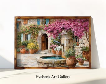 Mediterranean Fountain Wall Art French Village Painting Vintage Landscape Print Romantic Provence Artwork Rustic Countryside Wall Art