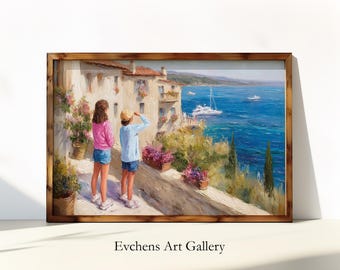 Mediterranean Scene Wall Art, Coastal Landscape Wall Art, Summer Vacation Painting, Mediterranean Houses Wall Art, Sailboats Poster