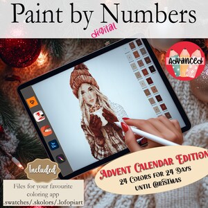 May include: Digital paint by numbers image on a tablet screen. The image is of a woman wearing a brown hat and holding a cup. The image is surrounded by Christmas decorations. The text "Advent Calendar Edition" is on the screen. The text "24 Colours for 24 Days Until Christmas" is also on the screen.