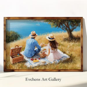 Picnic Wall Art, Romantic Picnic Oil Painting, Coastal Landscape Art