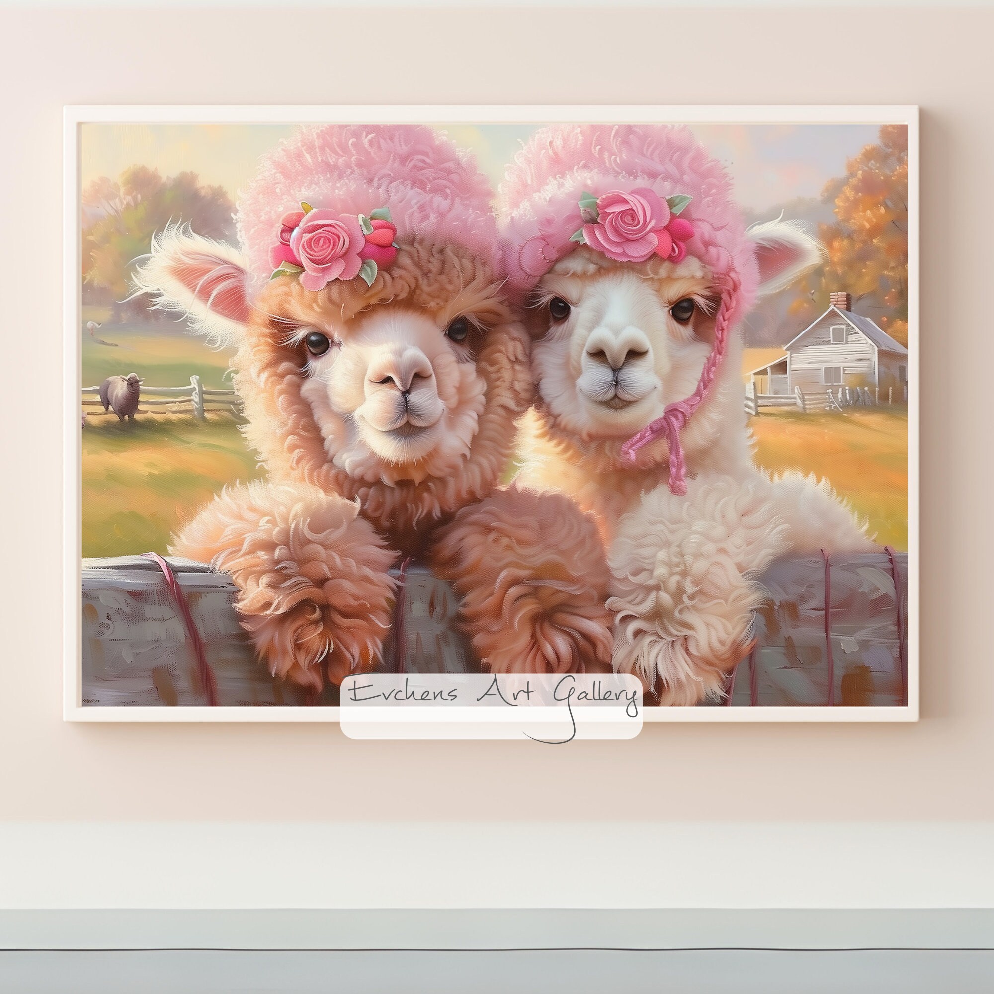 Alpaca Wall Art: Cute Alpakas With Pink Hats, Digital Artwork 
