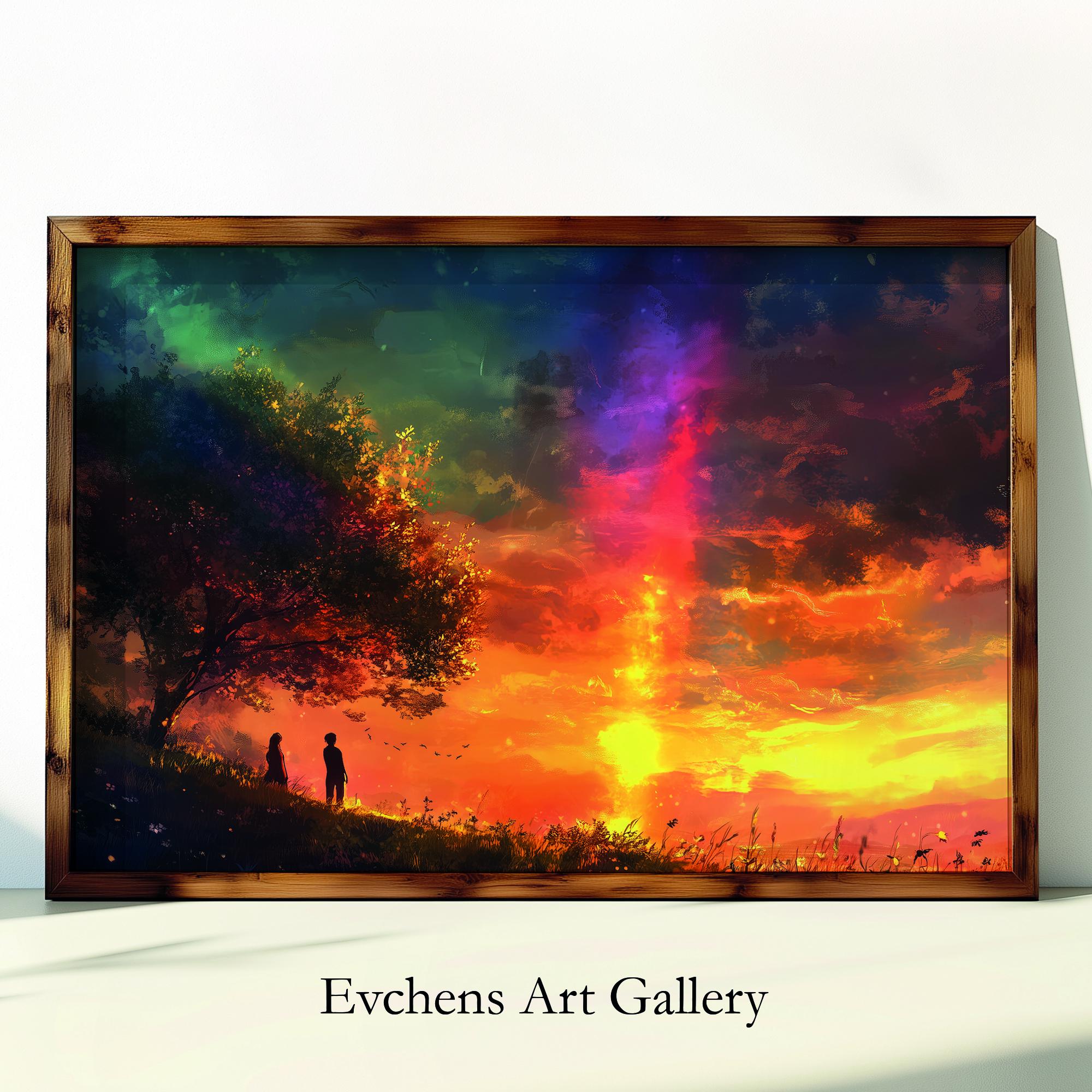 Evening Sun Art, Two Figures Under Tree, Landscape Painting