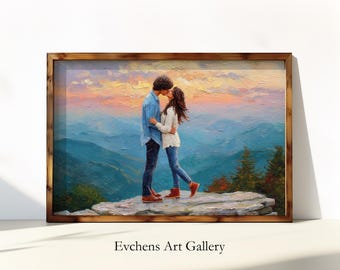 Romantic Kiss Wall Art, Couple on Mountain Peak Wall Art, Sunset Love Wall Art, Romantic Landscape Poster