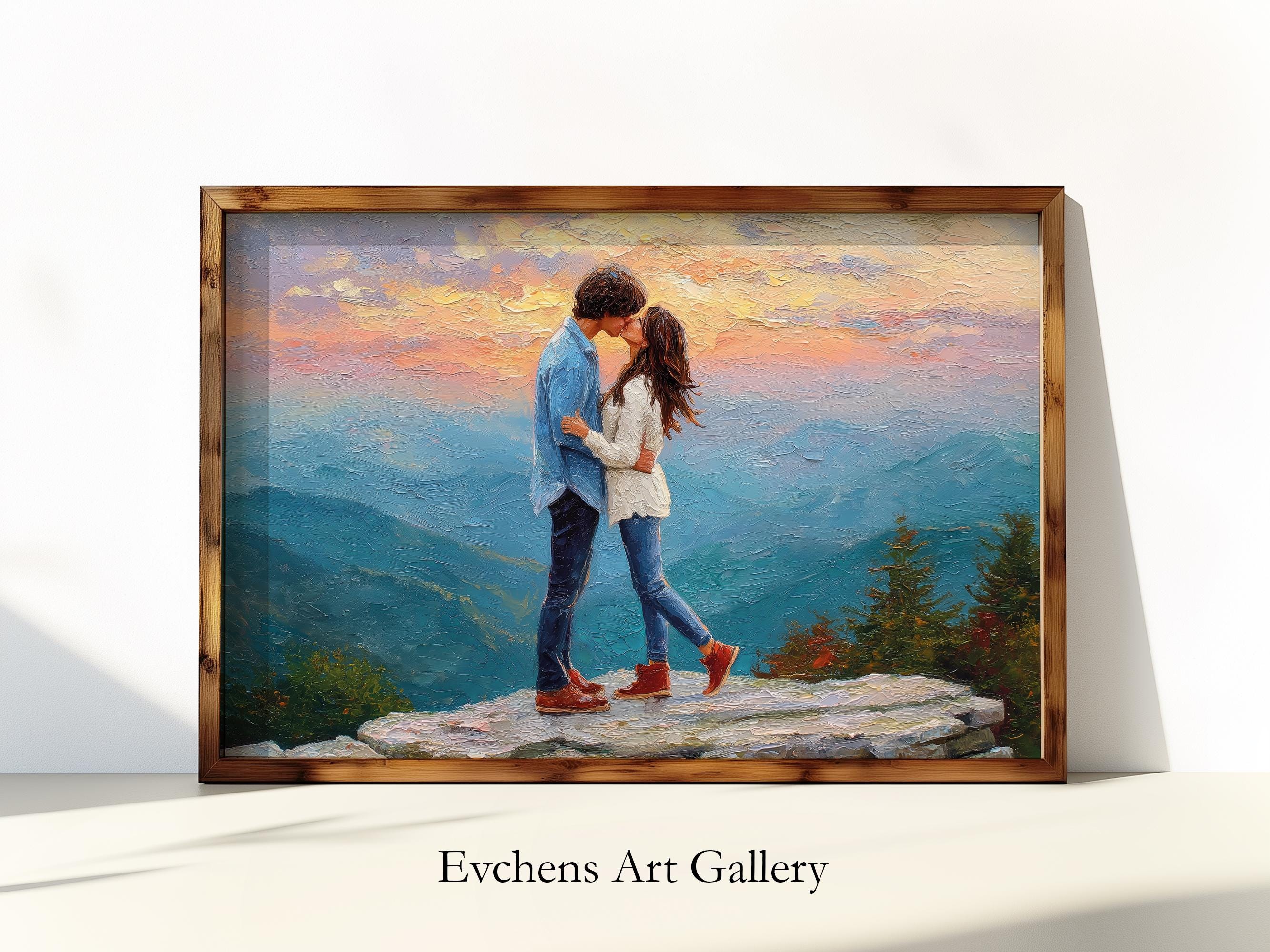アラジン＆ジャスミン【Sunset Romance】サンセットロマンス　セル画 Romantic Kiss Wall Art, Couple on Mountain Peak Wall Art, Sunset