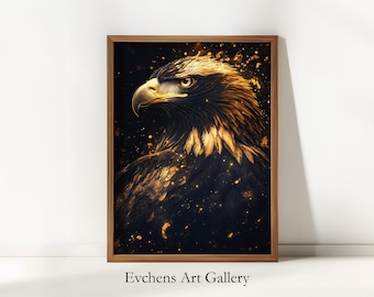 Arte mural con águila real, impresión digital, retrato de animal, ave rapaz majestuosa, estética oscura, arte dorado, arte mural descargable n.° 288