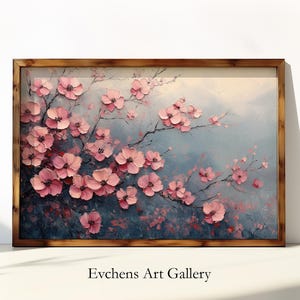 Pink Cherry Blossoms, floral digital art, spring flowers painting, wall art, botanical art, art print, blossom painting