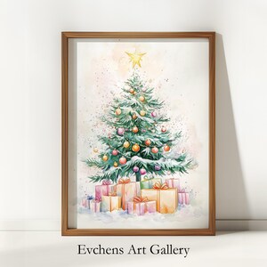 Christmas Tree Wall Art, Watercolor with Gifts, Digital Art, Poster Print