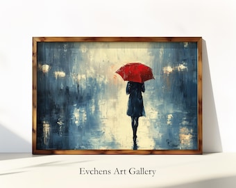 Persona con paraguas rojo, escena impresionista de lluvia, arte mural romántico, paisaje urbano digital, arte abstracto #168