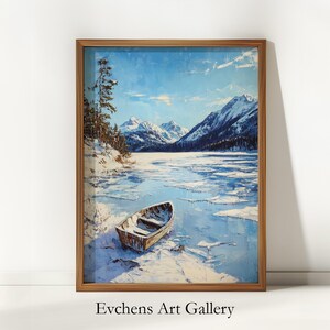 Winter Landscape Wall Art, Boat on Frozen Lake, Digital Art, Poster Print