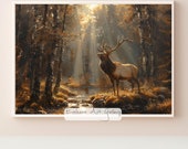 Hirsch im Wald im Sonnenlicht – Wandkunst, Naturgemälde, ideal für Wohnzimmer oder Büro, beruhigende Farben, idyllische Waldszene