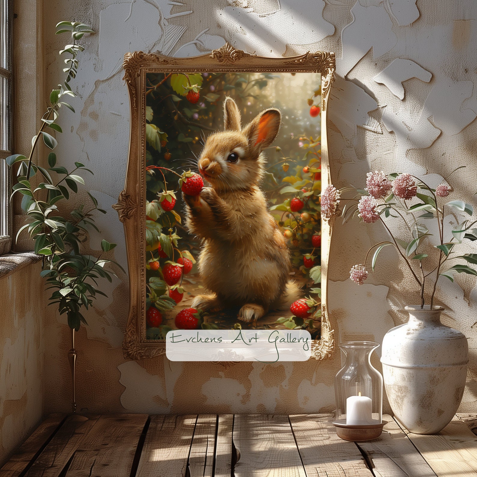 Bunny With Strawberries, Wall Art, Digital Art, Cute Bunny