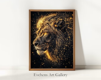 Golden Lion Wall Art, Digital Print, Animal Portrait, Majestic Lion, Dark Aesthetic, Golden Artwork, Downloadable Wall Art