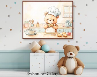 Lindo oso hornea galletas - Arte de pared de acuarela, arte digital para cocina o guardería #85