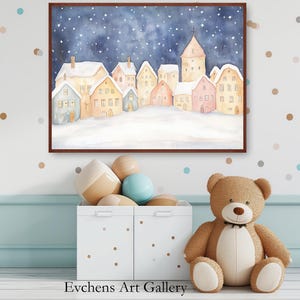 Winter Village Watercolor, Snow-Covered Village Wall Art, Christmas Decor Wall Art, Winter Landscape Art, Starry Night Art, Digital Wall Art