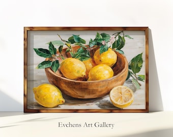 May include: A painting of a wooden bowl filled with lemons and a lemon slice. The bowl is on a white surface with green leaves around it.