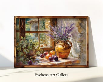 Provence France Lavender Still Life Wall Art Mediterranean Rustic Painting Vintage Wall Art French Kitchen Print