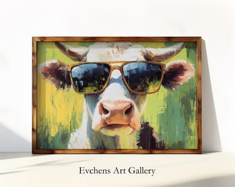 カラフルな牛のウォールアート、抽象油絵、動物アート、面白い牛のアート、デジタルウォールアート #265