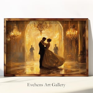 May include: A framed painting depicts a couple dancing in a grand ballroom. The artwork features warm golden tones, ornate chandeliers, and figures in formal attire. The text "Evchens Art Gallery" is at the bottom.
