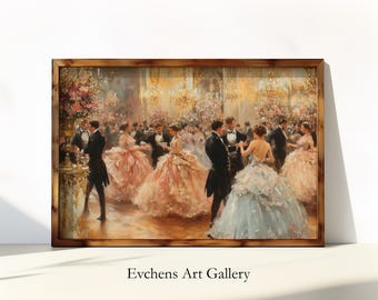 May include: A painting of a grand ballroom scene with people in elegant attire dancing. The painting features a warm color palette with gold accents and depicts a lively social gathering.