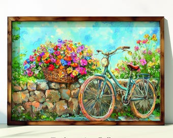 Vintage Fahrrad Kunst, Blumenmalerei, Fahrrad und Blumentopf, Wandkunst, Sommerlandschaft, Fahrrad-Dekor, Wandkunst, Kunst zum Herunterladen