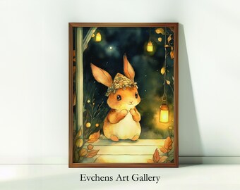 Cute Bunny Art, Autumn Scene Illustration, Woodland Animal Wall Art, Kids Room Decor, Fall Wall Art, Downloadable Animal Art