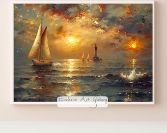 港の船の油絵 – 海事壁画 – 港の絵 – 海岸風景画 – 船の壁画 #127