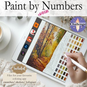 May include: Digital paint by numbers image of an autumnal forest scene with a colour palette of browns, yellows, and greens. The image is displayed on a tablet with a stylus resting on the screen. The text "Paint by Numbers" and "Challenge" are visible on the image.