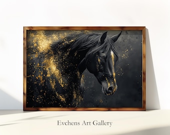 Può includere: Un cavallo nero con un effetto glitter dorato, su uno sfondo scuro. La testa del cavallo è girata di lato, e la criniera e la coda fluttuano nel vento. L'immagine è incorniciata in una cornice di legno scuro.