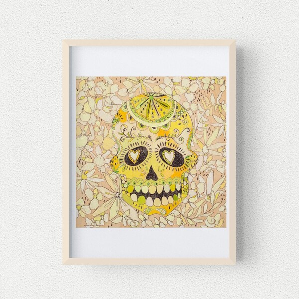 Sugar Skull Paper Print, Yellow Green Flowers, Floral Botanical, Day of the Dead Art, Dia De Los Muertos, Funky Abstract Doodle Drawing