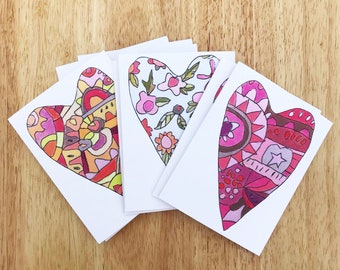 Pack of 6 Valentine’s Heart Greeting Cards by Jennifer Mercede, Blank Inside, Girlfriend, Wife, Galentine, Colorful Stationary