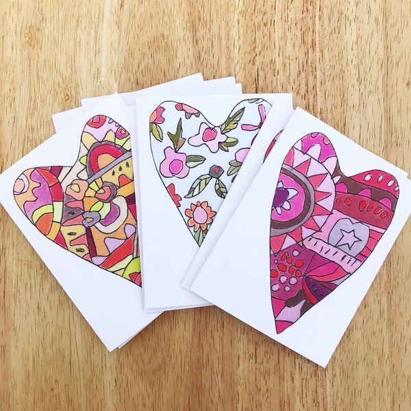 Pack of 6 Valentine’s Heart Greeting Cards by Jennifer Mercede, Blank Inside, Girlfriend, Wife, Galentine, Colorful Stationary