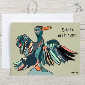 Tarjeta de felicitación del pájaro cormorán, pájaro alegre colorido, feliz pensamiento en blanco de ti, hermoso saludo artístico abstracto, amante de las aves audobon