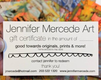 Gift Certificate, Jennifer Mercede Art, Colorful Funky Art Lover Unique Gift, Portland Artist Shop Small Local, Art Collector, Home Decor