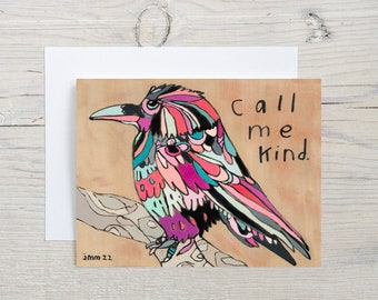 Raven Bird Greeting Card, Colorful Cheerful Bird, Happy Blank Thinking of You, Abstract Artistic Beautiful Greeting, Audobon Lover