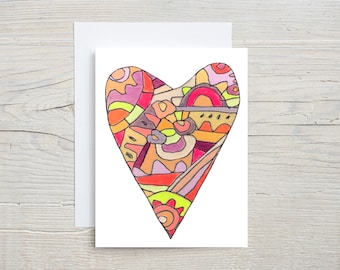 Valentine Heart Doodle Greeting Card, Colorful Cheerful, Happy Blank Love Card, Girlfriend, Sister, Friend, Galentine